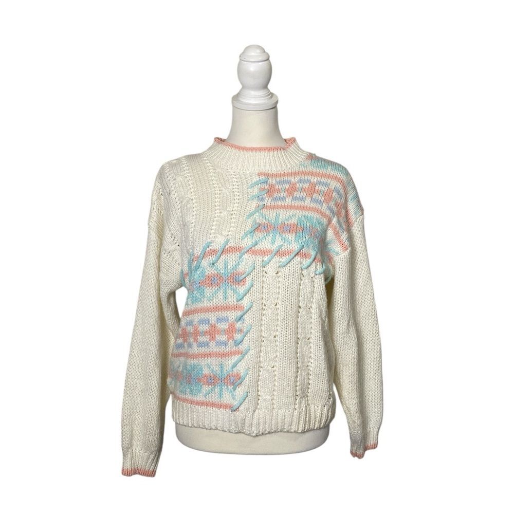 Vintage 90s Cottagecore Knit Sweater M Pastel Floral Patchwork Grandma Knit